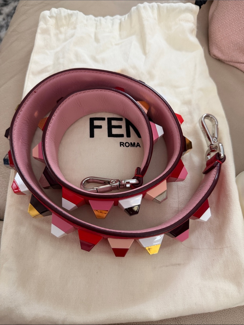 Fendi Multicolor Studded Pink Leather Strap with Silver Hardware